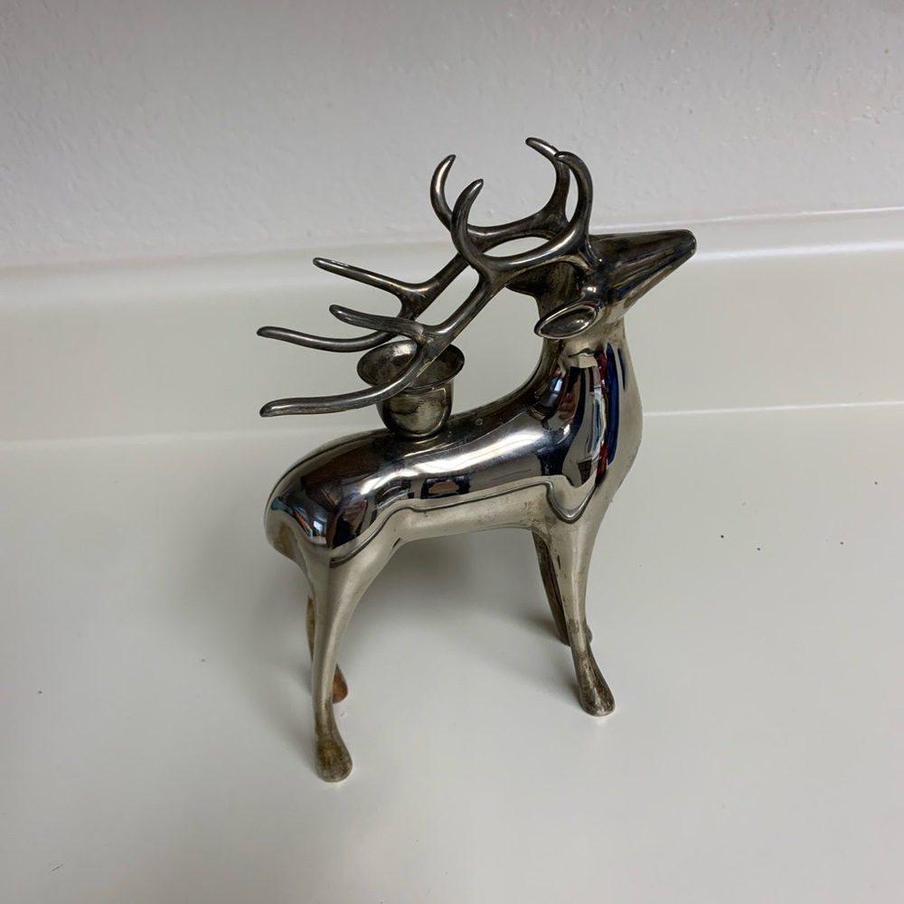 Metal Reindeer Candle Holder Sculpture silver tone Heavy 7 3/4” Tall Christmas